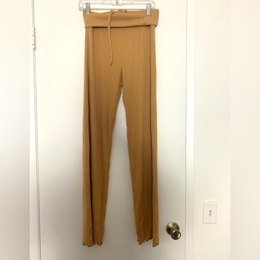 Becca Ribbed Mustard Yellow High-Waisted Pants Wide Leg Orange Yellow Medium